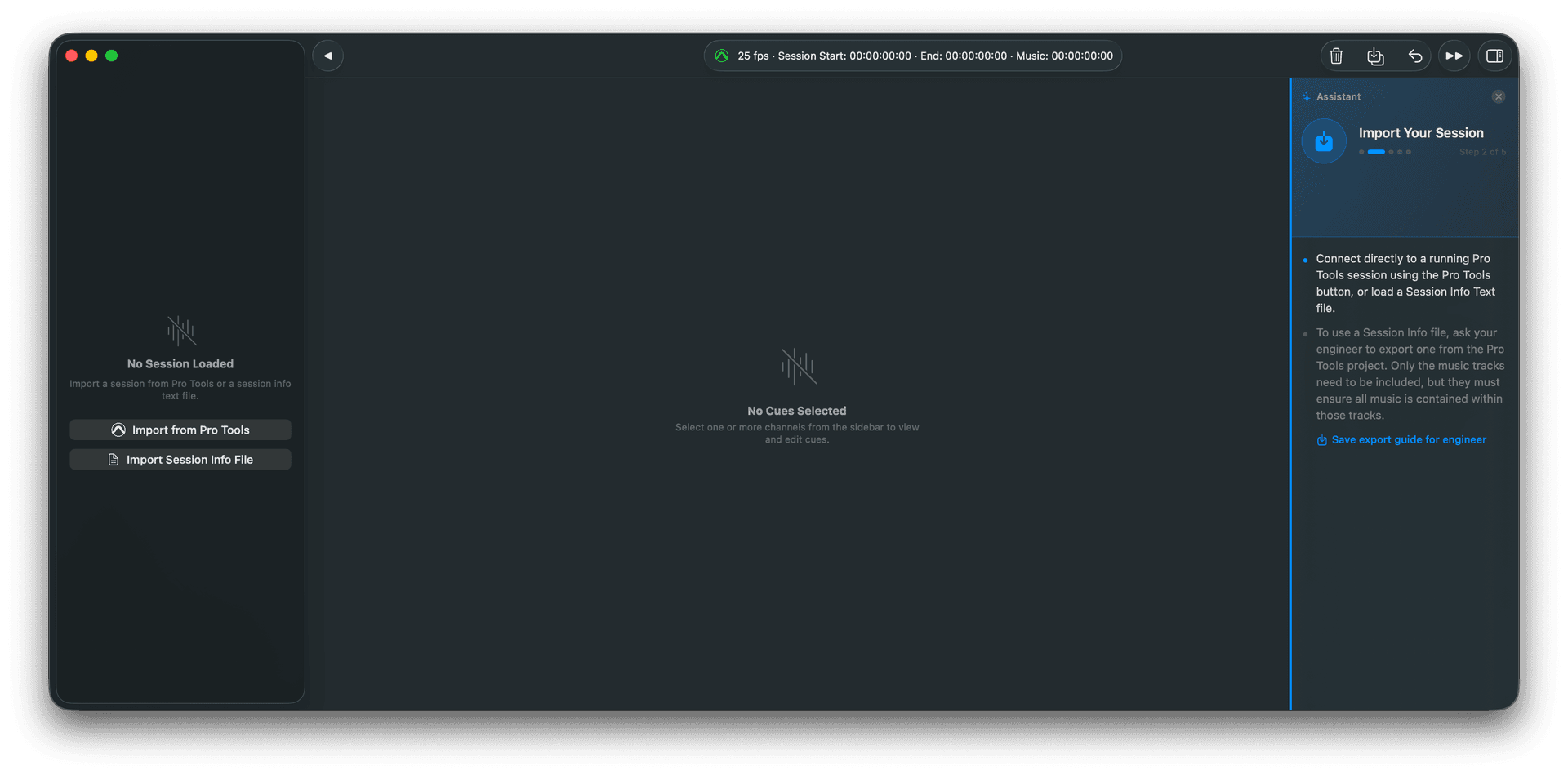 Music Cue Manager import screen: connect to Pro Tools or import a session file