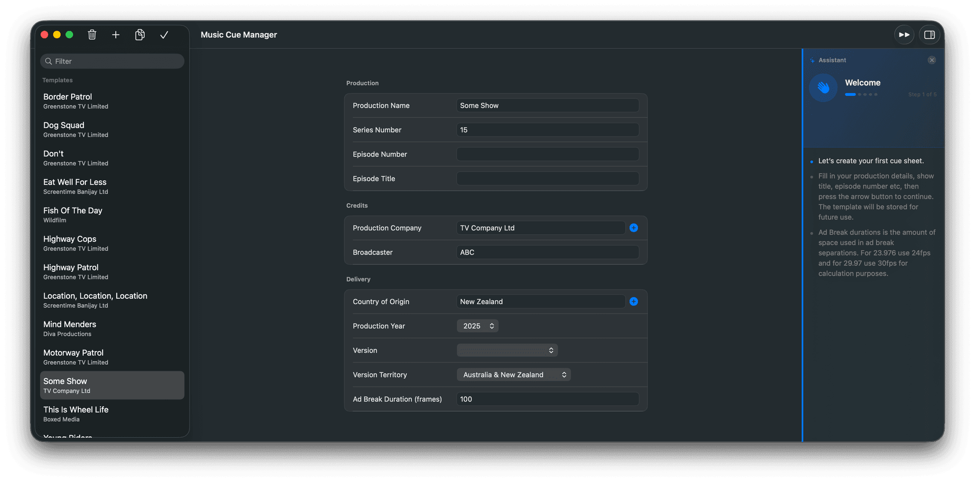 Music Cue Manager project details form with saved templates